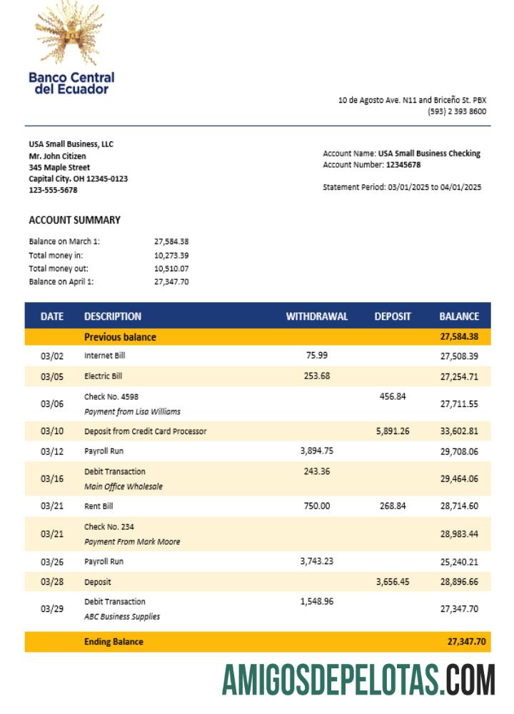 Exemplo de extrato bancário comercial do Banco Central do Equador em formato Word e PDF